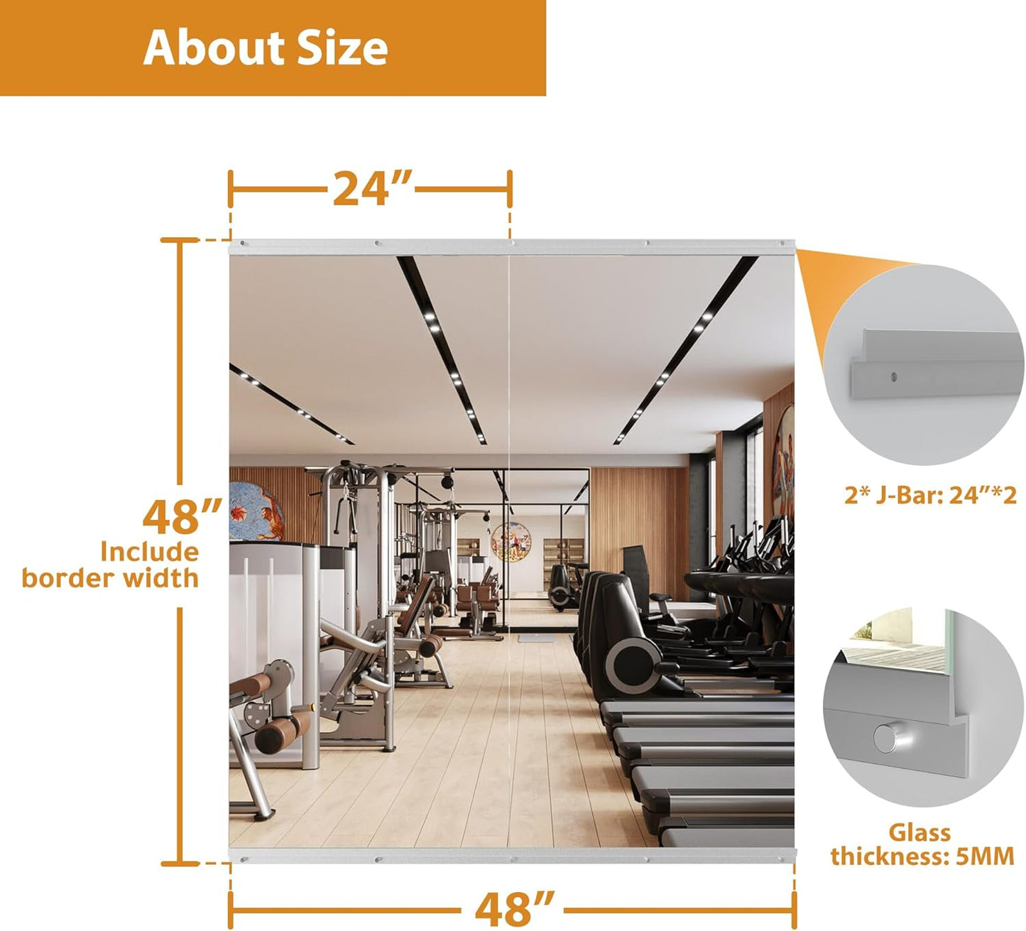 ROOMTEC Workout Mirrors for Home Gym 48"x24"-2PCS, Large Wall Mirror Full Length for Fitness, Yoga, Big Wall Mounted Frameless Glass Mirror for Garage, Dance Studio, Bedroom