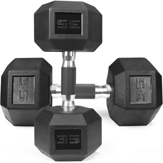 WF Athletic Supply Rubber Encased Hex Dumbbells with Rubber Grip Contoured Handle for Muscle Toning, Strength Building & Full Body Workout
