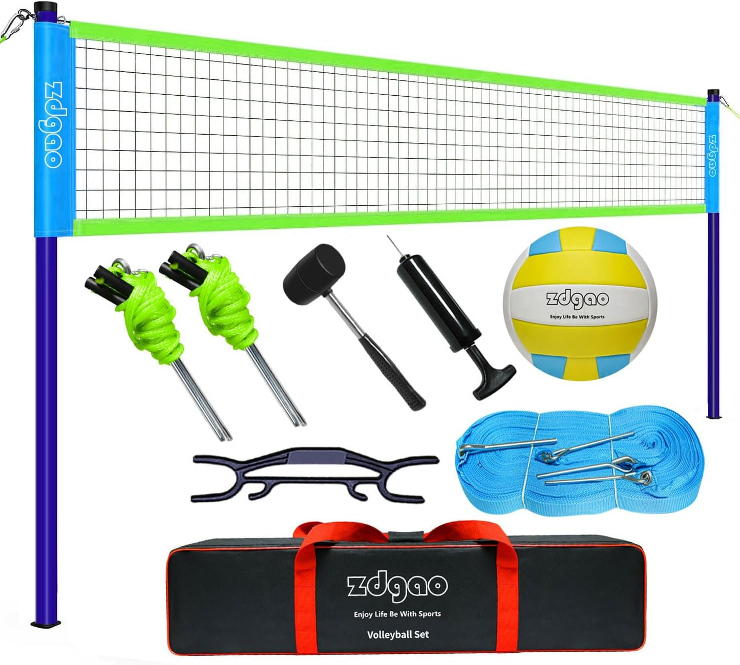Volleyball Net Outdoor - Portable Volleyball Set for Backyard with Professional Volleyball Net, Wrap Yarn Volleyball and Pump, Boundary Line, Carry Bag