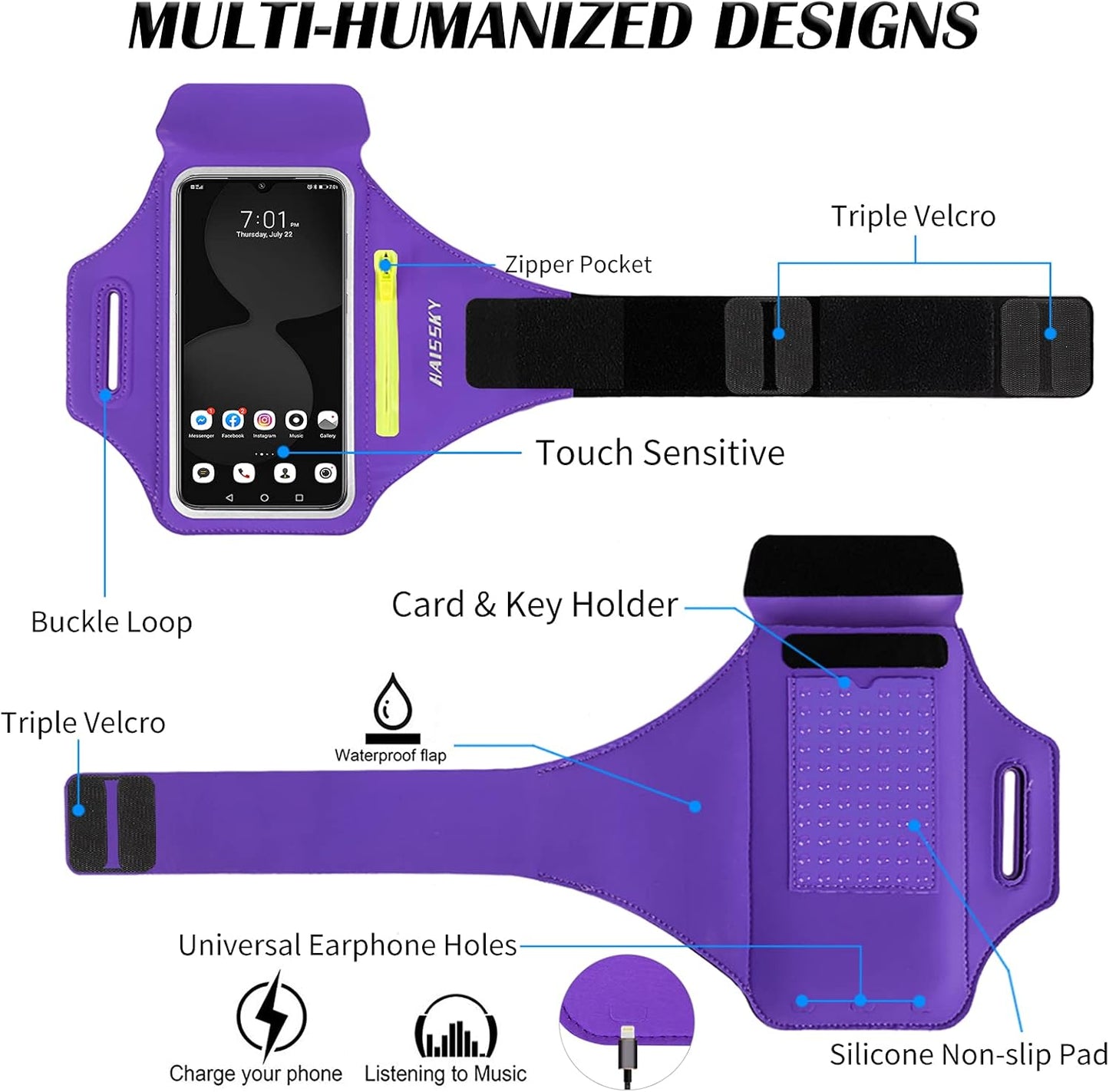 Running Armband with Earphone Bag Cell Phone Armband for iPhone 16 15 Pro 14 Plus 13 11 XR XS, Galaxy S24/S10 Water Resistant Sports Phone Holder Case & Zipper Slot Car Key Holder for 6.7 inch Phone