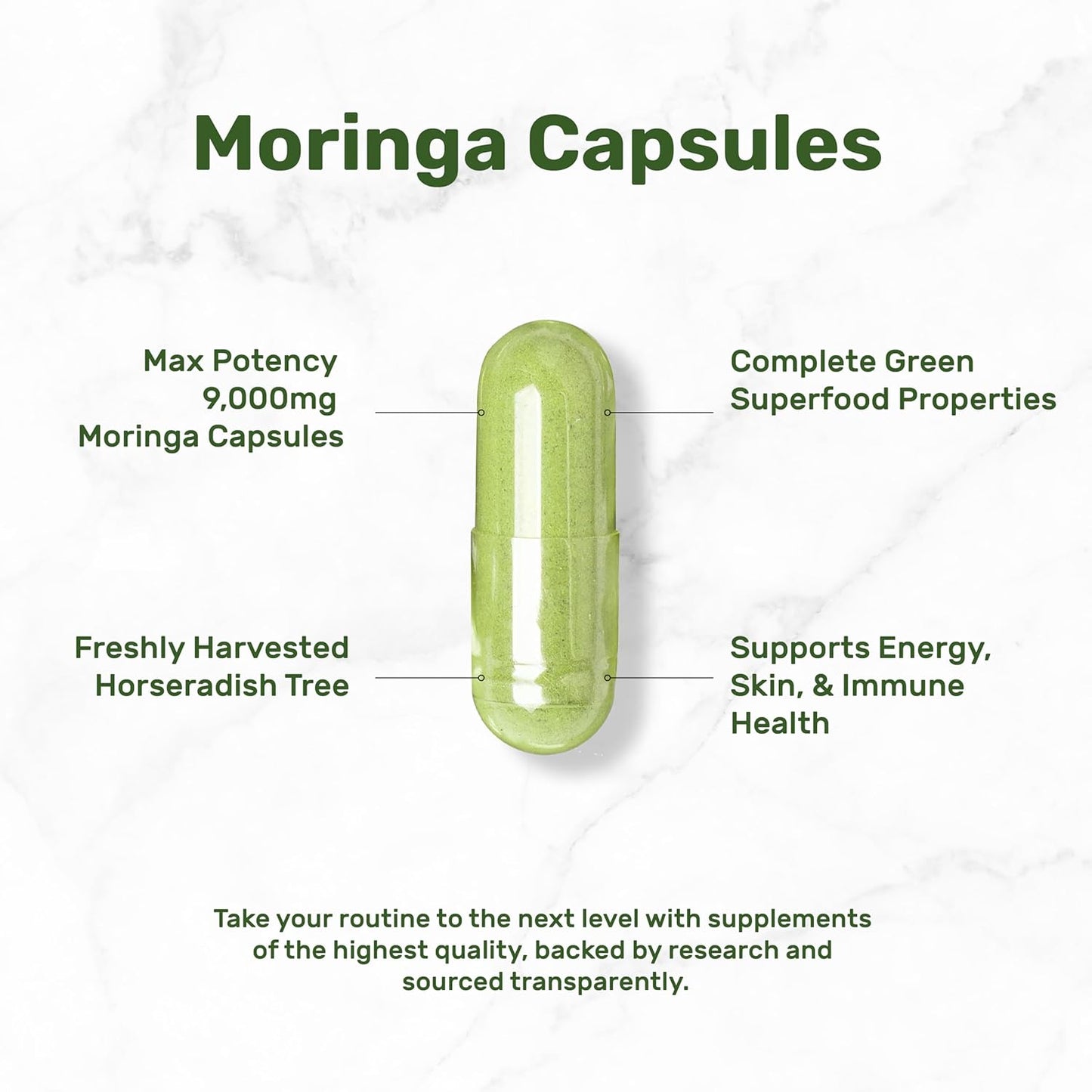 Moringa Capsules 9,000mg Herbal Equivalent, 240 Capsules – 4 Month Supply – Maximum Potency Pure Moringa Leaf Extract – Complete Green Superfood Supplement for Energy, Skin & Immune Health Support