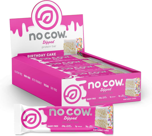 No Cow High Protein Bars, Dipped Birthday Cake - Healthy Snacks, 20g Vegan Protein, High Fiber, Low Sugar, Keto Friendly, Dairy & Gluten Free (12 Count)