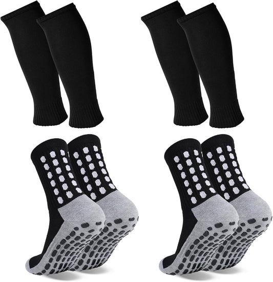 2 Set Grip Soccer Socks with Shin Guard Sleeves Non Slip Soccer Leg Sleeve Socks for Men Women