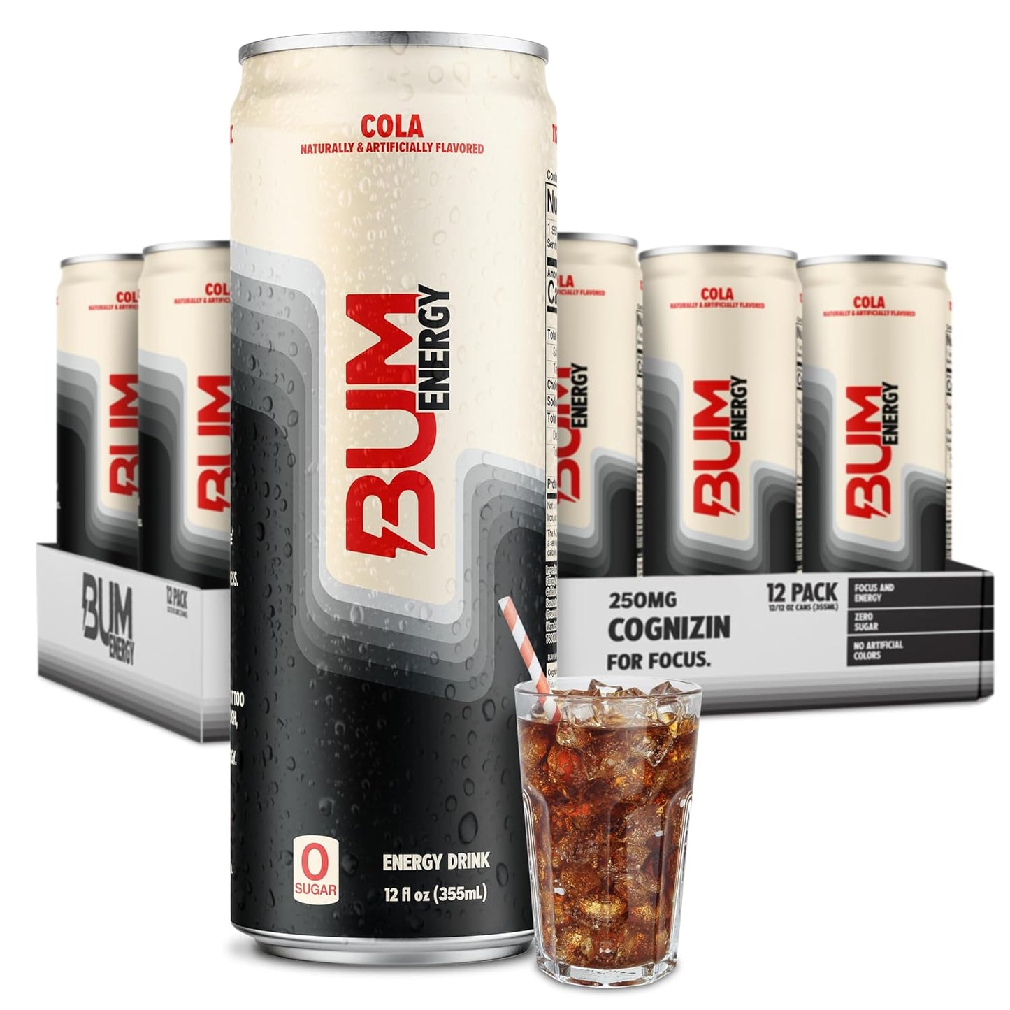 BUM Sugar-Free Energy Drink, Cola - Lightly Carbonated & No Artificial Colors, Natural Caffeine & Citicoline for Energy & Focus, Brain Boost & Workout Sports Beverage - 12 oz, Pack of 12