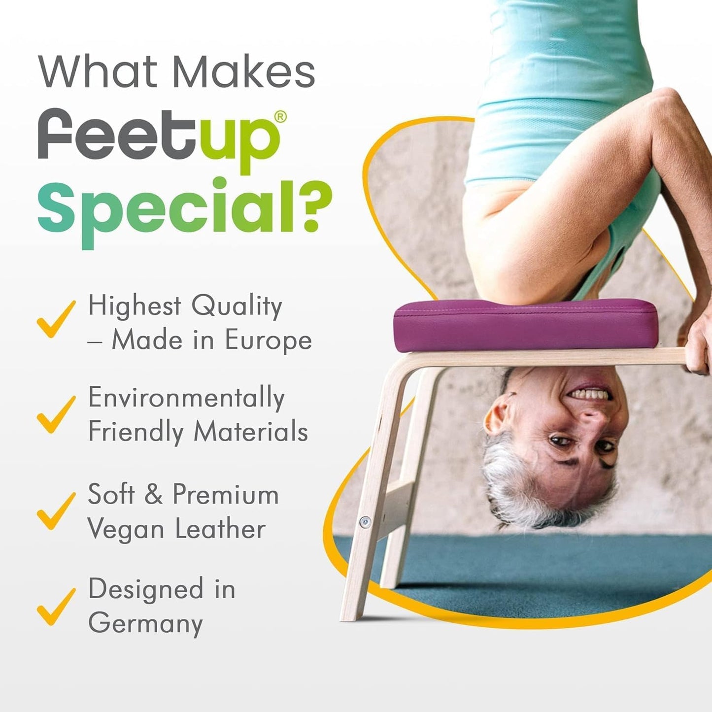 FeetUp - The Original Yoga Headstand Bench, Vegan Handstand Trainer Bench and Stand, Strength Training Inversion Equipment for Relaxation and Strength, Includes App & Starter Kit, #1 Worldwide