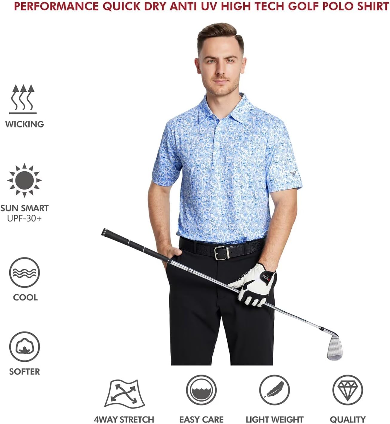 Men's Golf Polo Shirts Short Sleeve Striped Performance Moisture Wicking Dry Fit Golf Shirts for Men