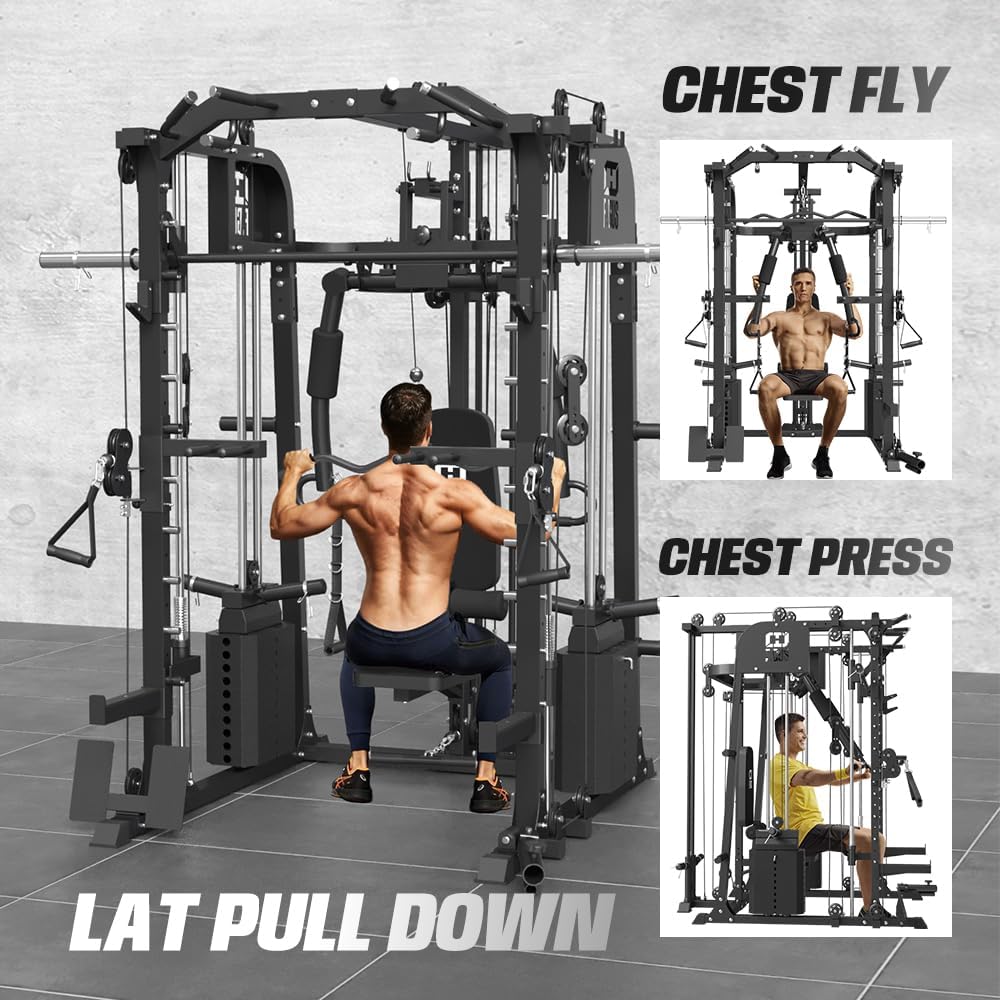 Commercial SmithMachine with Smith Bar, Home Gym Station with Dual Weight Stacks, 4000LBS Power Cage Squat Rack with Lever Arm, Leg Press, LAT Pull Down, Cable Crossover Machine for Full Body Training