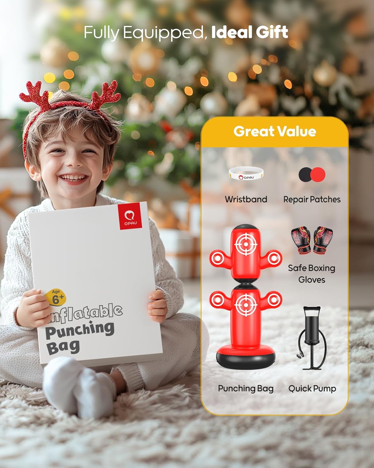 QPAU 360° Rotatable Punching Bag for Kids, Lager 64” Kids Punching Bag with Gloves, Hand Pump & 6 Targets, Bop Bag Inflatable Punching Toy, Karate Gifts for Boys, Girls