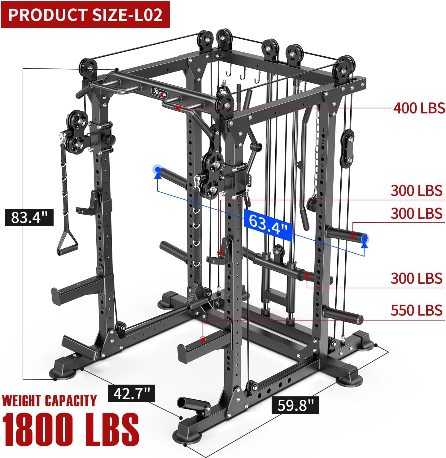 Power Cage Multi-Function Power Rack with Cable Crossover System,1800 LBS Capacity Squat Rack with Weight Bench,for Home Gym