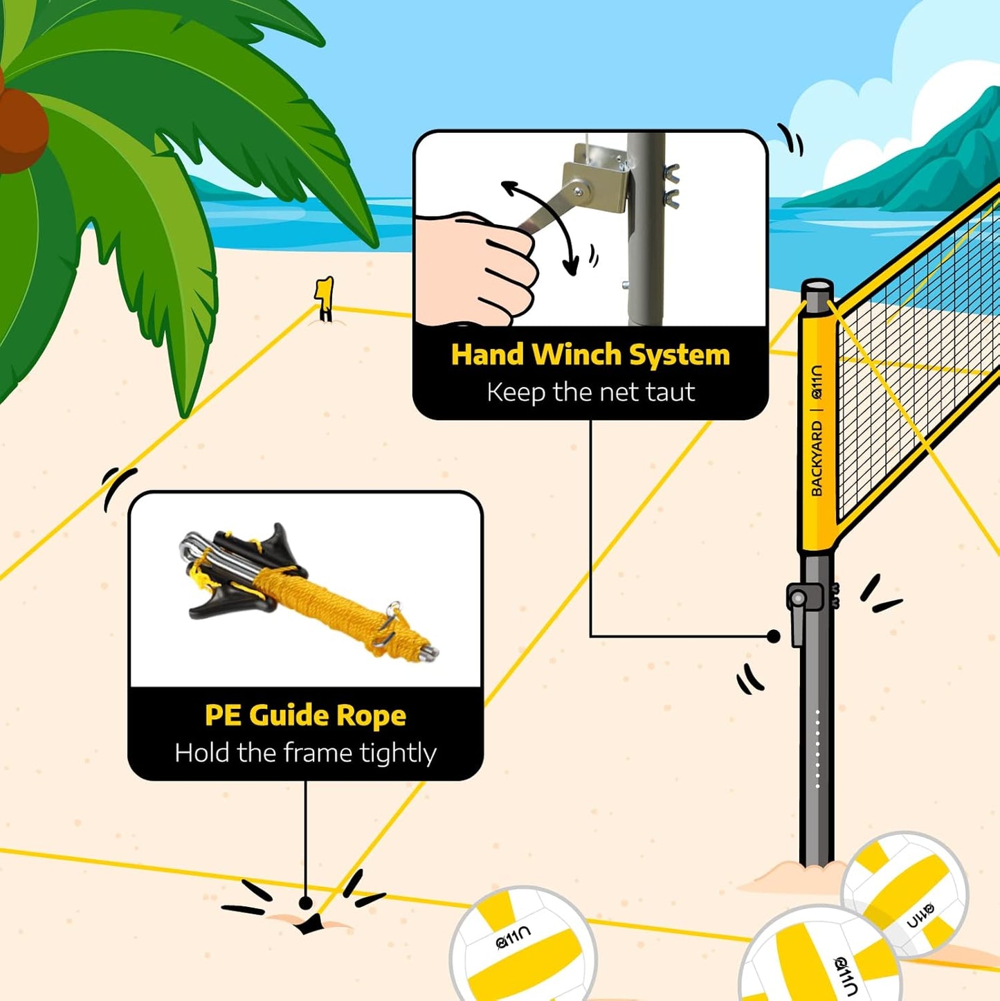 A11N Outdoor Volleyball and Badminton Combo Set - Includes Adjustable Height Anti-Sag Net, Volleyball, Air Pump, 4 Badminton Rackets, 2 Shuttlecocks, Boundary Line Marker, and Carrying Bag