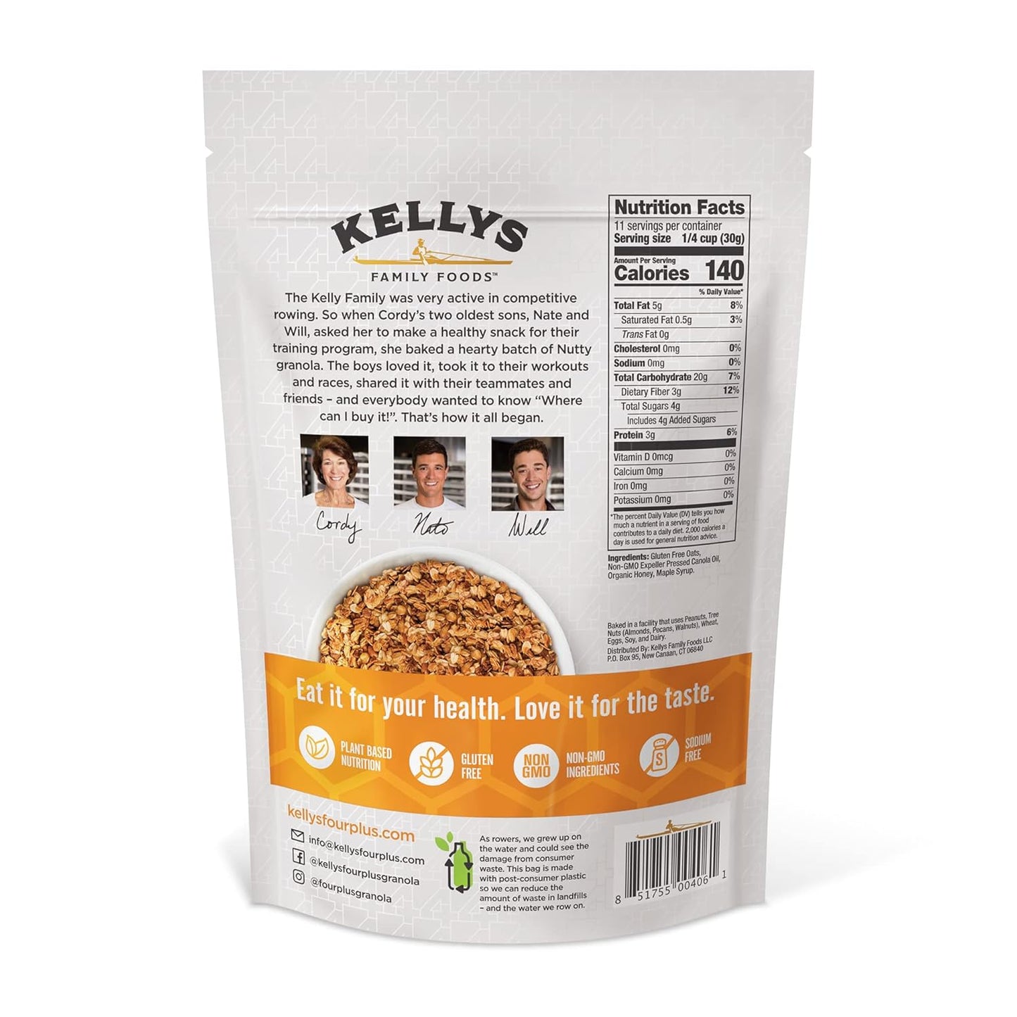 Kelly's Four Plus Granola (Honey Maple) Healthy Granola Cereal with Whole Grain Oats, Honey, Maple Syrup - Non-GMO, Low Sugar, Sodium Free and Gluten Free for Yogurt - 12oz - Pack of 6