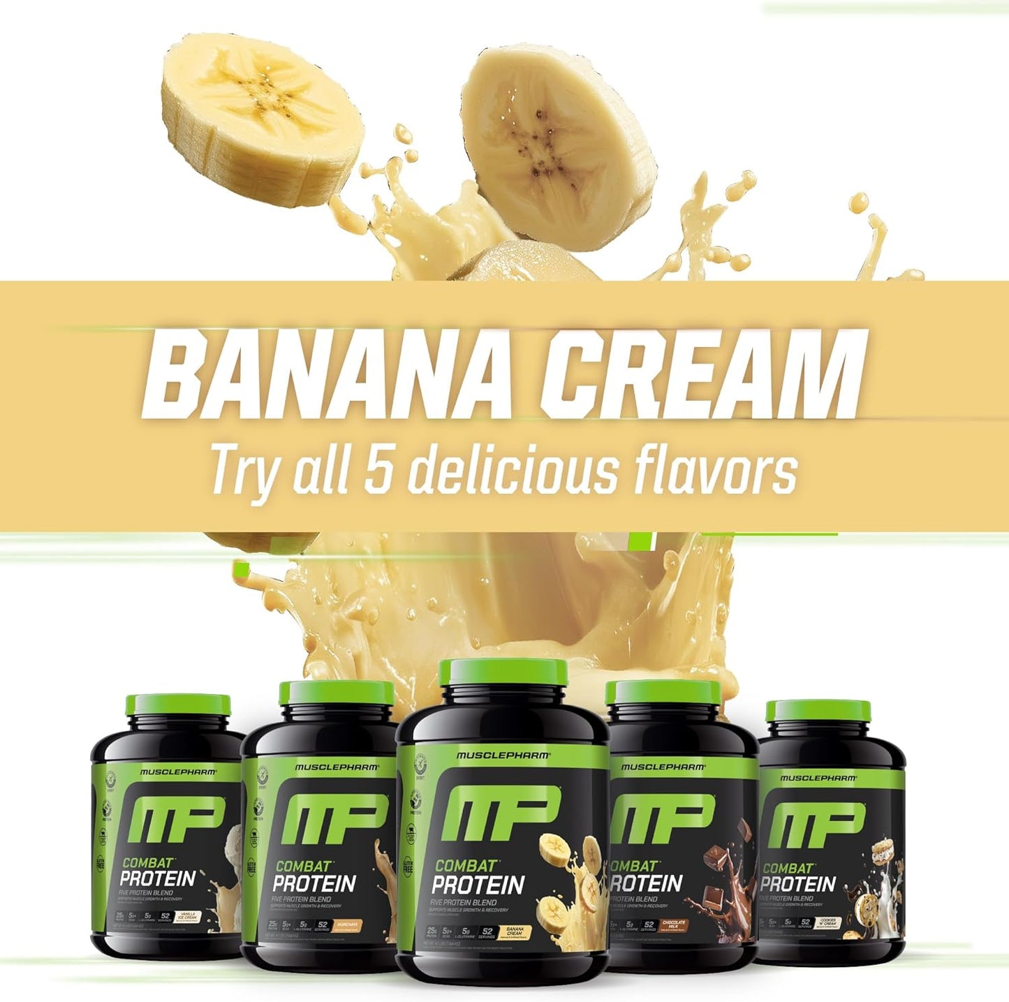 MusclePharm Combat Protein Powder, Banana Cream Flavor, Fuels Muscles for Productive Workouts, 5 Protein Sources including Whey Protein Isolate & Egg Albumin, Gluten Free, 4 lb, 52 Servings