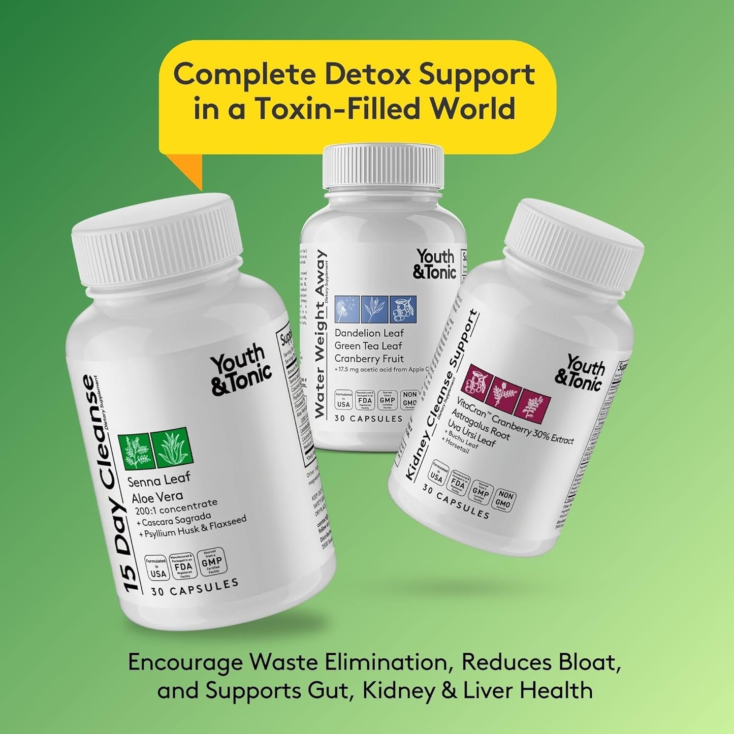 Youth & Tonic Complete Multi-Organ Detox Support – 15 Day Colon Cleanser & Gut Detox, Kidney Cleanse, Water Balance & Liver Health, 90 Pills for Women and Men