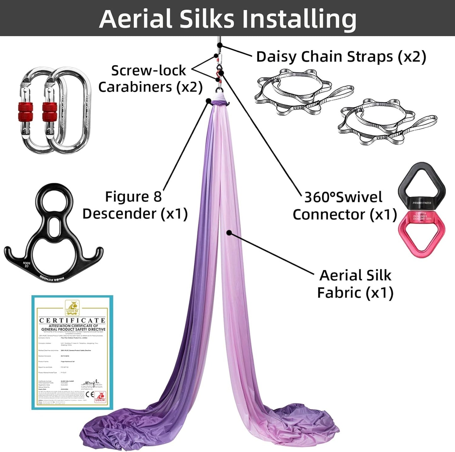 PRIOR FITNESS Aerial Silks Kit Colorful 9/15/20 Yards 40D Nylon Fabric Hammock Set With Hardware & Guide for All Levels Of Aerial Yoga Practice and Acrobatic Flying For Adults Aerial silk
