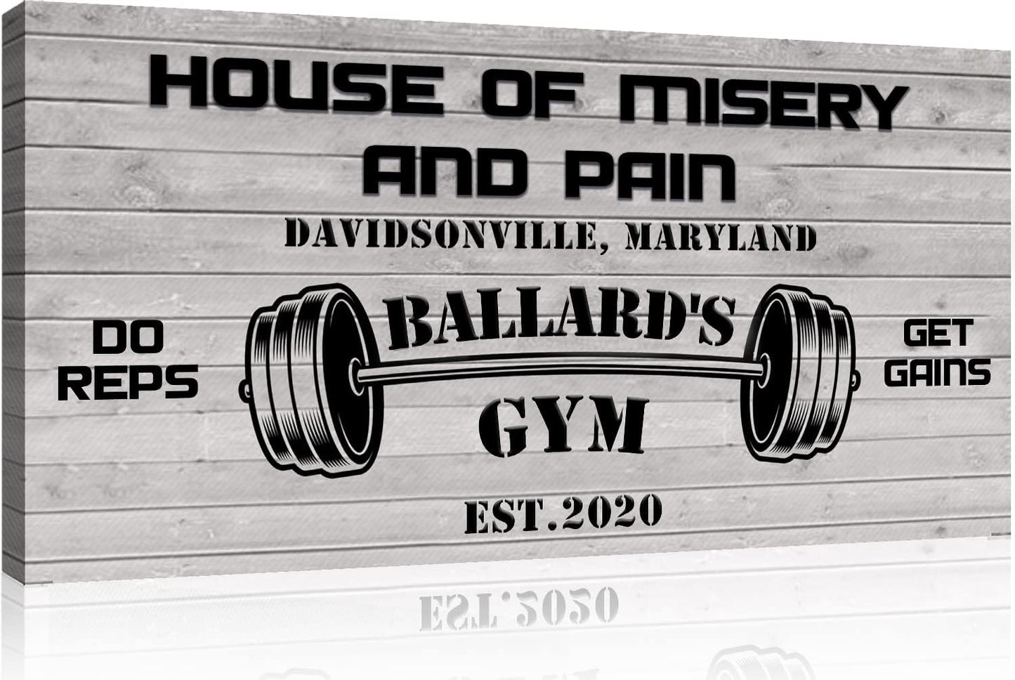 Tailored Canvases Personalized Gym Sign Wall Art Decor - Motivational Canvas for Home Gym, Workout Room, Garage, Fitness Center - Workout Inspirational Posters - House of Misery and Pain, White Wood 48x24in
