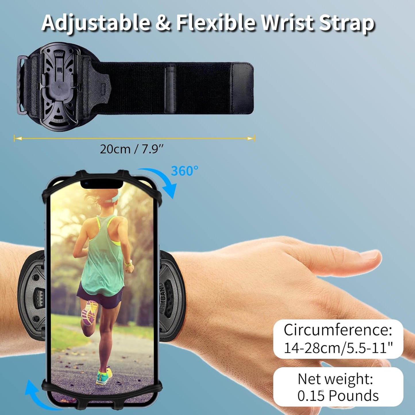 Wristband Phone Holder for Running,【360° Rotatable & Upgrade Anti-Drop】 Forearm Armband for iPhone 16/15/14/Pro/Mini/12/11/SE/XR XS,Fits All 4-6.5 Inch Smartphones (Black)