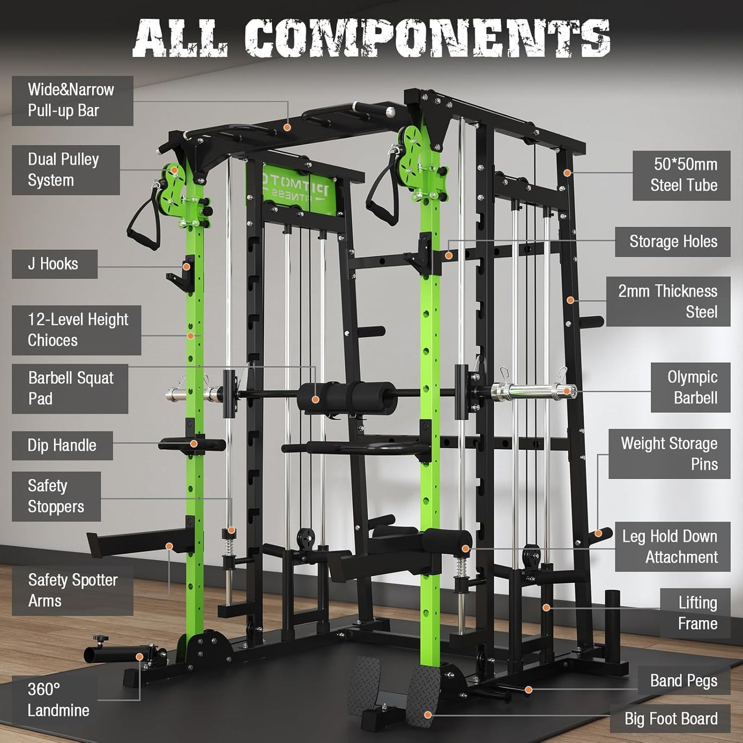 Smith Machine,2200 LBS Squat Rack for Home Gym with Dual Pulley System,Multifunctional Power Rack Cage for Strength Training with More Attachments