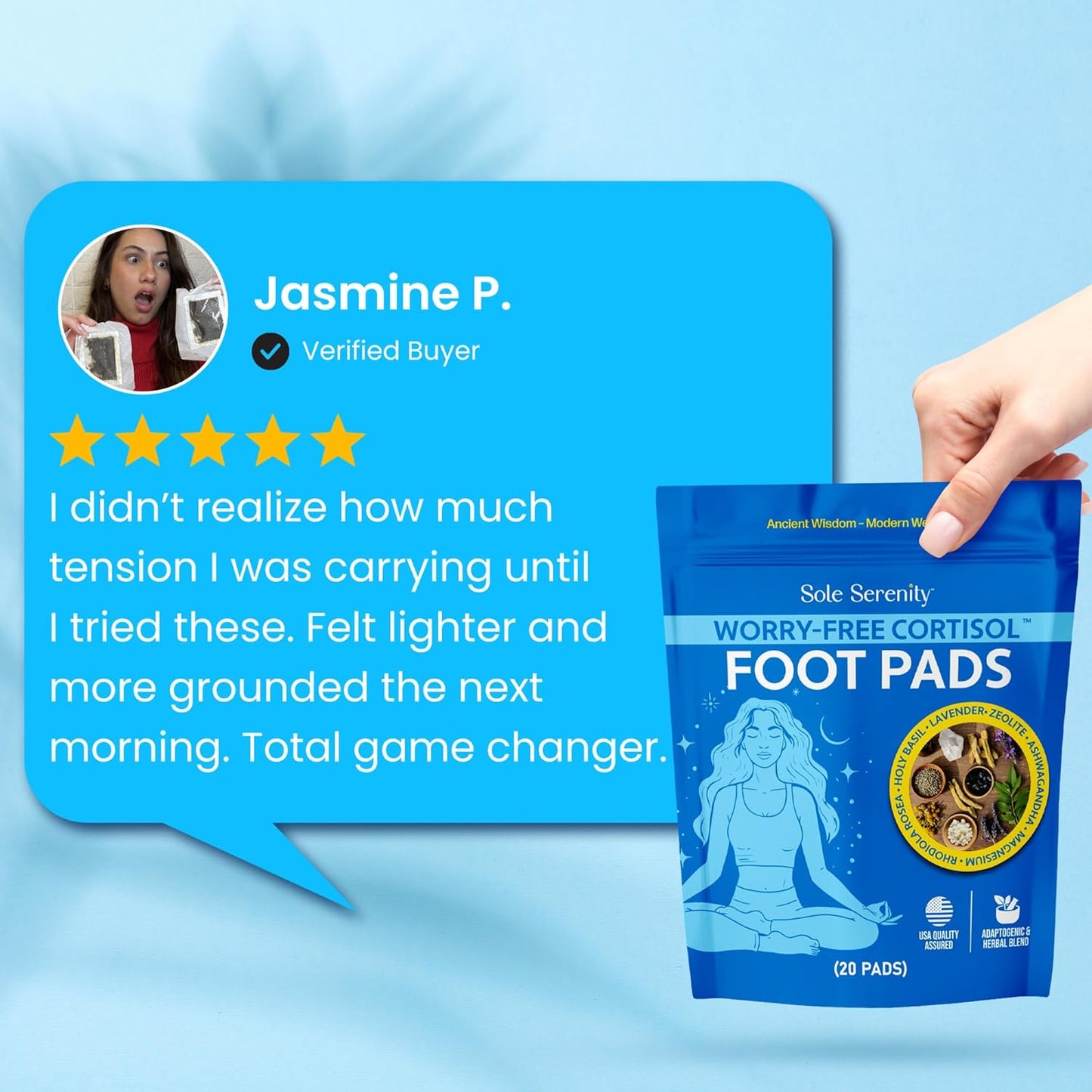 Sole Serenity Worry-Free Overnight Foot Pads for Cortisol Hormone Balance, Puffiness, Relaxation and Sleep with Zeolite, Ashwagandha, Magnesium, Holy Basil, Rhodiola, 20 Pack