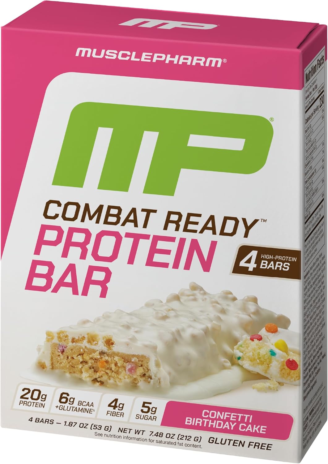 MusclePharm Combat Ready Protein Bar, Confetti Cake High Protein Bars, Combat Cravings, Fuel Performance & Meet Energy Demands, 20g Protein from Whey Protein, 4g Fiber, Gluten Free, 4 Bars