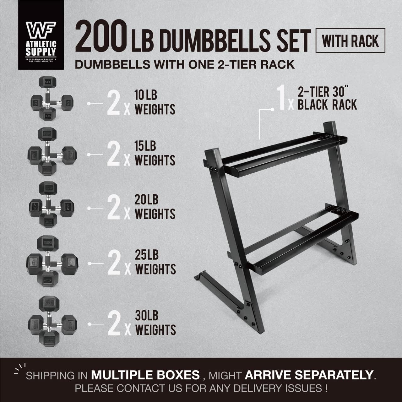 WF Athletic Supply 200Lb Dumbbell Set, 10-30Lb Dumbbell Set with Two-Tier Storage Rack for Muscle Toning, Strength Building & Weight Loss - Multiple Choices Available