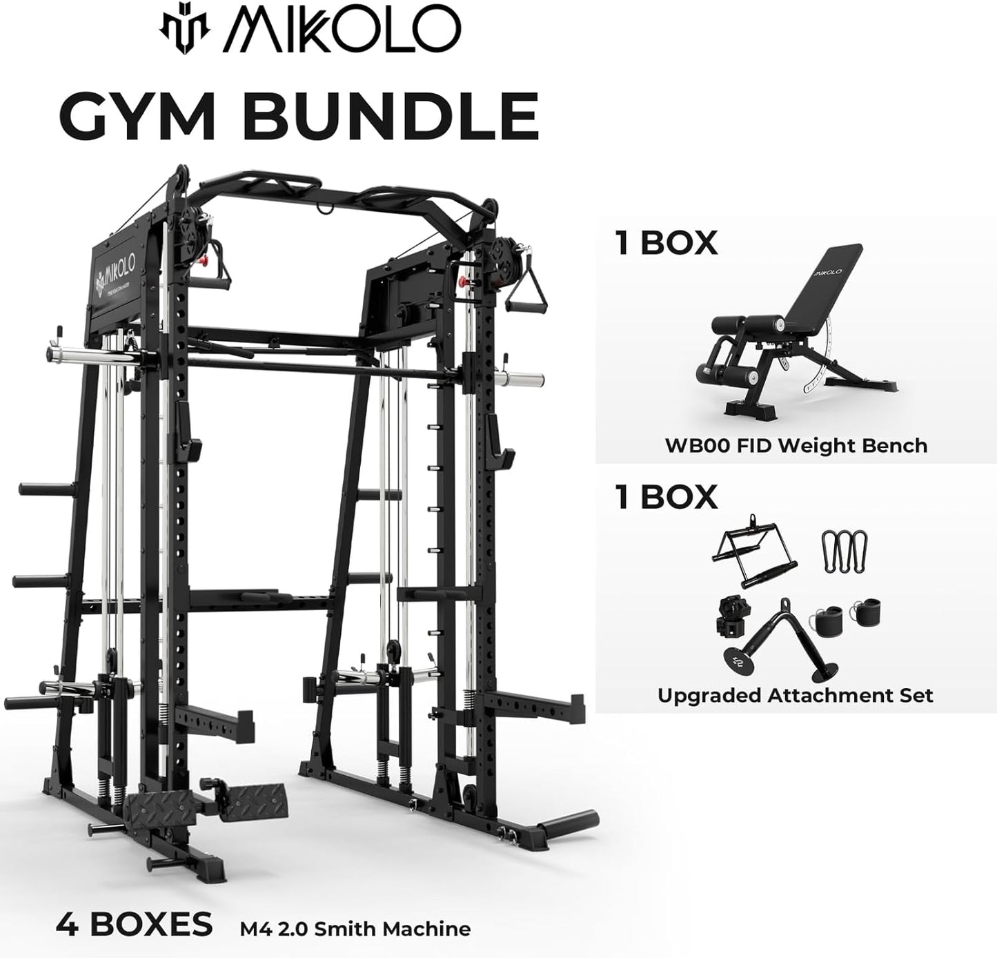 Mikolo Smith Machine, 2200lbs Squat Rack with LAT-Pull Down System & Cable Crossover Machine, Training Equipment with Leg Hold-Down Attachment