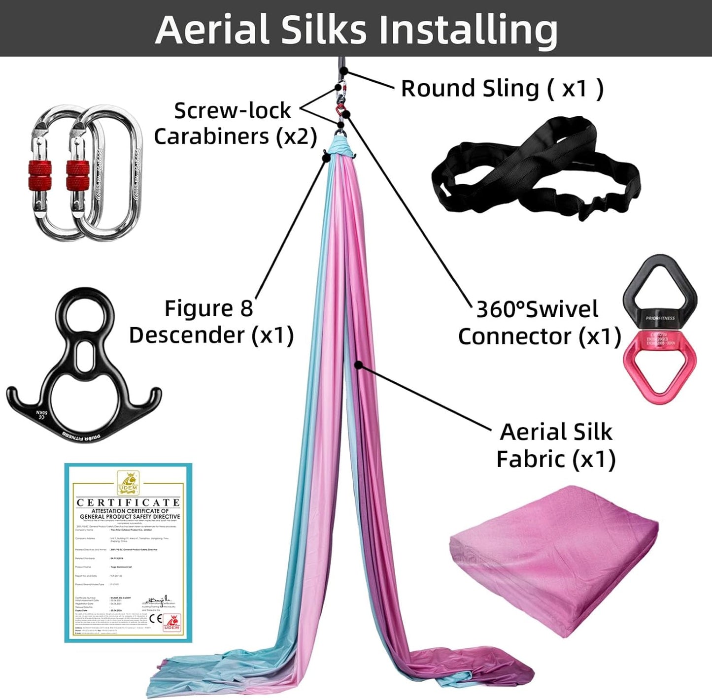 PRIOR FITNESS Aerial Silks Kit Colorful 9/15/20 Yards 40D Nylon Fabric Hammock Set With Hardware & Guide for All Levels Of Aerial Yoga Practice and Acrobatic Flying For Adults Aerial silk