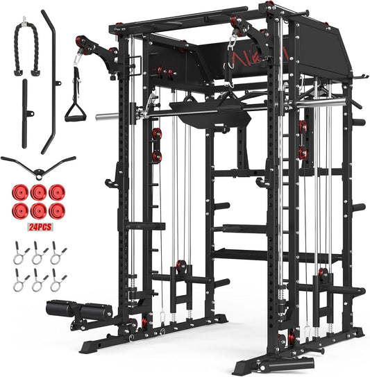 Mikolo Smith Machine, Multi-Function Power Cage with Dual Pulley System, Vertical Leg Press Attachment, Squat Rack Power Rack with More Training Attachment for Home Gym