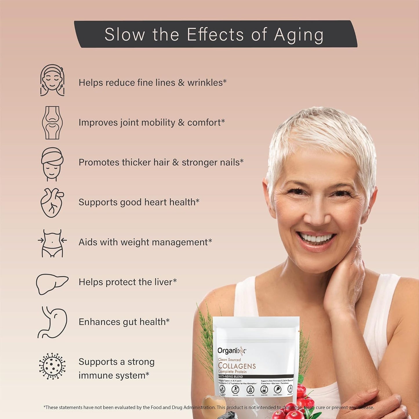 Organixx Collagen Peptides Powder with Vitamin C, Types I, II, III, V, X Hydrolyzed Collagen, Hair, Nail, Skin, Bone & Joint Health, Aging Support, Clean Sourced, Gluten Free, Unflavored, 15 Servings