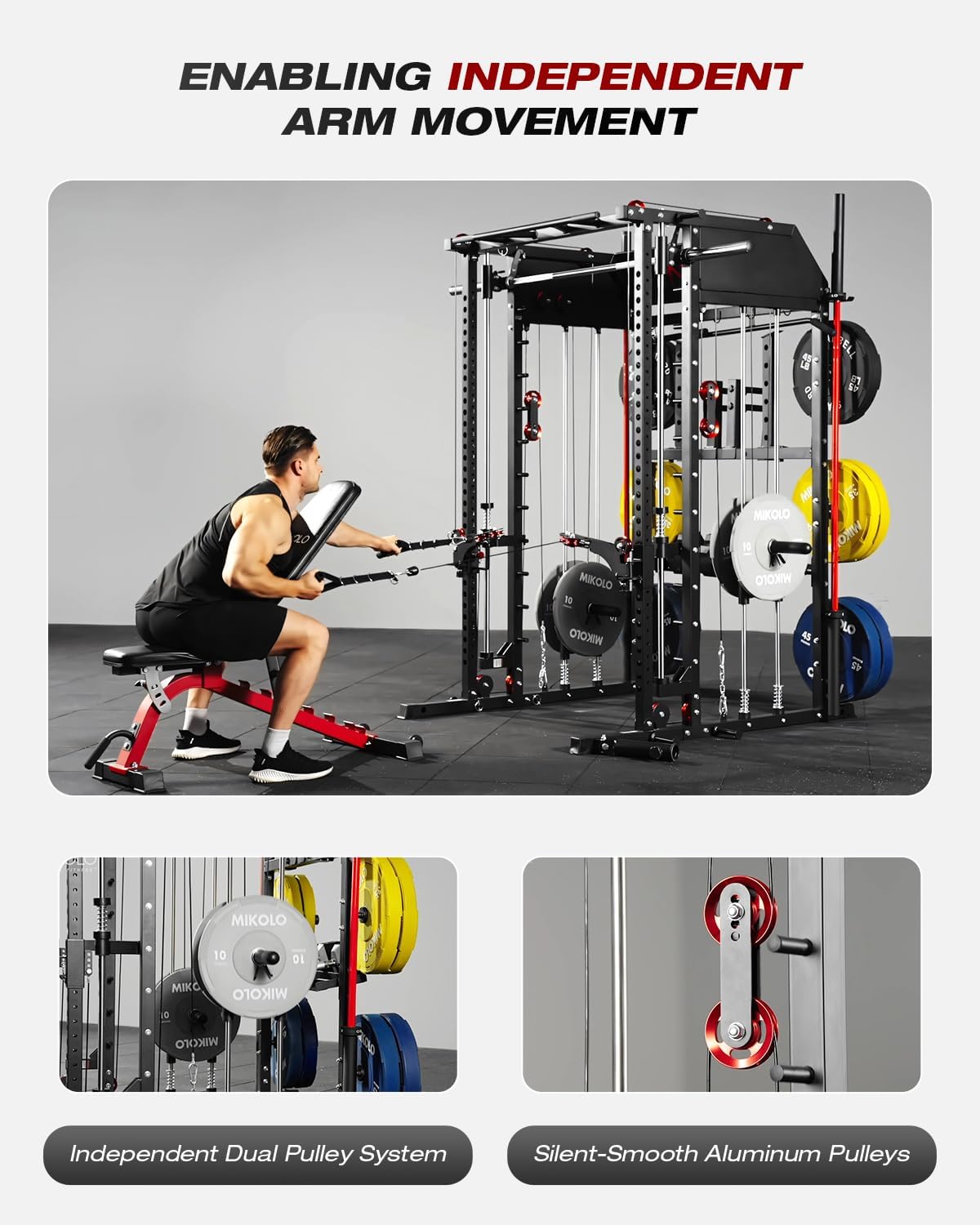 Mikolo Smith Machine, Multi-Function Power Cage with Dual Pulley System, Vertical Leg Press Attachment, Squat Rack Power Rack with More Training Attachment for Home Gym