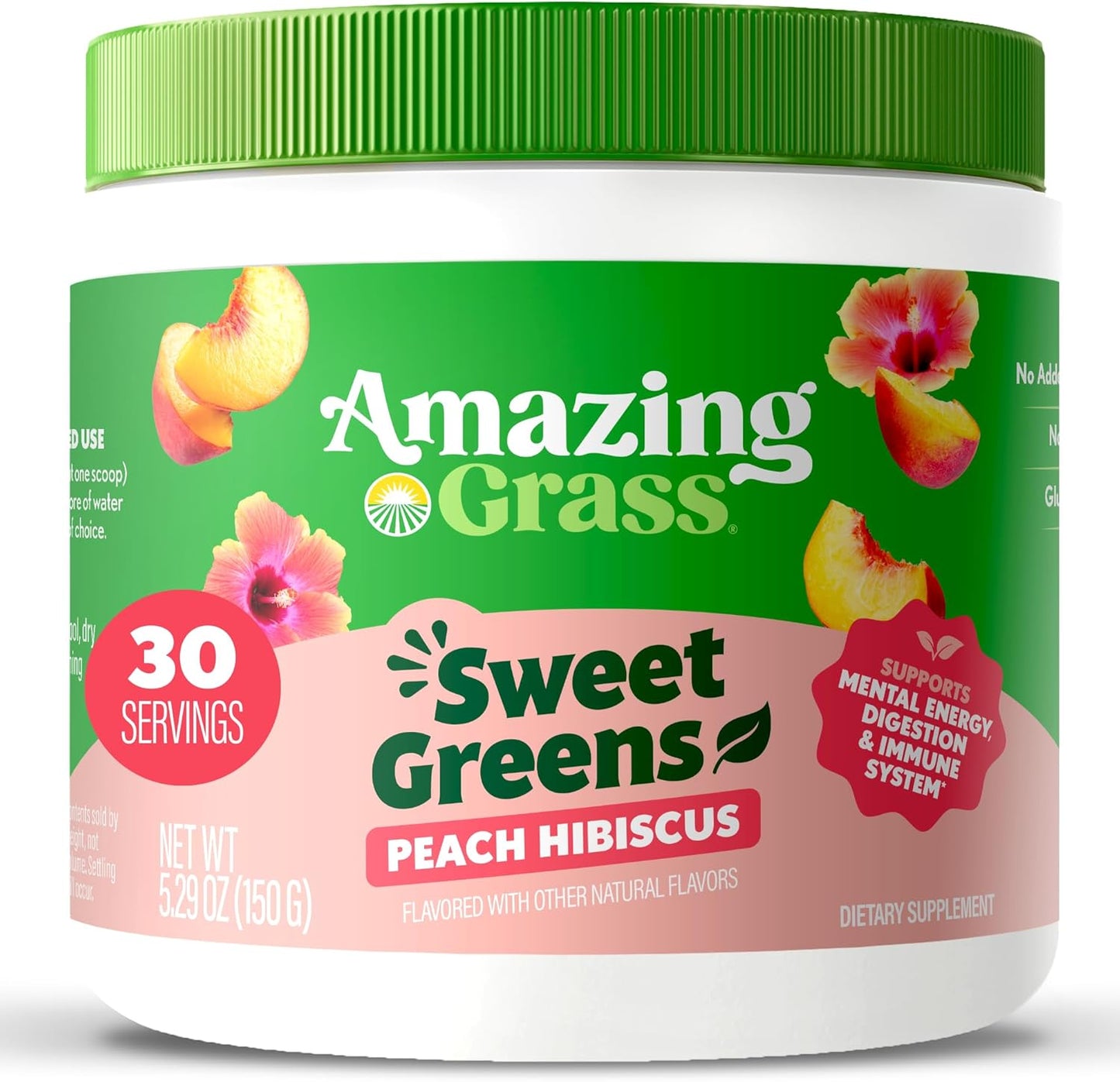 Amazing Grass Sweet Greens and Superfoods Powder for Digestive Health, Greens Powder, Digestive Enzymes, Probiotics, Spirulina, Chlorella, Peach Hibiscus, 30 Servings
