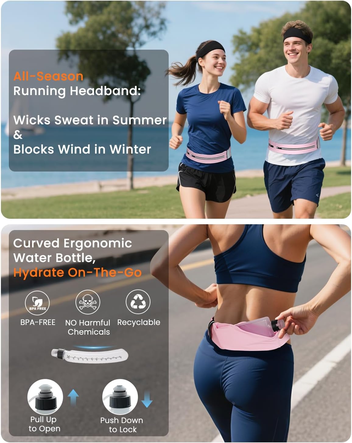 Running Belt for Women and Men, Adjustable Fanny Packs No Bounce Phone Holder for Running with Water Bottle & Headband, Waterproof Reflective Waist Packs for Runner Fits All Phones (L-Pink)