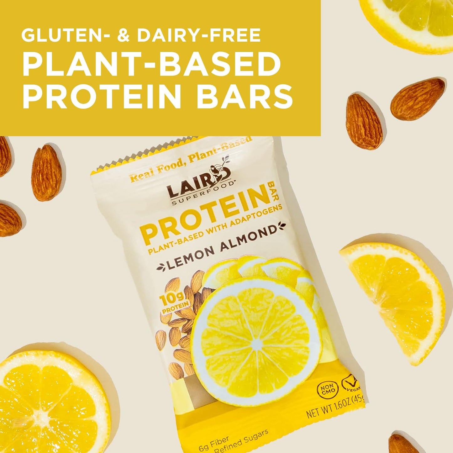 Laird Superfood Functional Protein Bars – Protein Bar but Better with Real Ingredients, Functional Mushrooms 10g Plant-Based Protein, 6g Fiber - Non-GMO - Lemon Almond, 10 Count (Pack of 1)