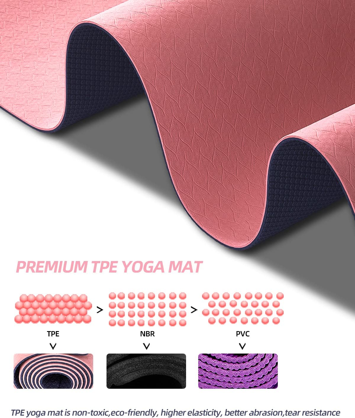 COOLMOON Yoga Mat Non Slip, Anti-Tear 1/4 Thick TPE Yoga Mats for Women and Men, 72"x24" Exercise & Fitness Mat with Carrying Strap, Workout Mats for Yoga, Pilates and Floor Exercise