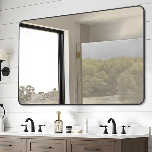 30" x 48"Bathroom Mirror, Matte Black Wall Mirror with Metal Frame, Decorative Rectangular Vanity Mirror for Bedroom Bathroom Living Room Entryway (Horizontal/Vertical)