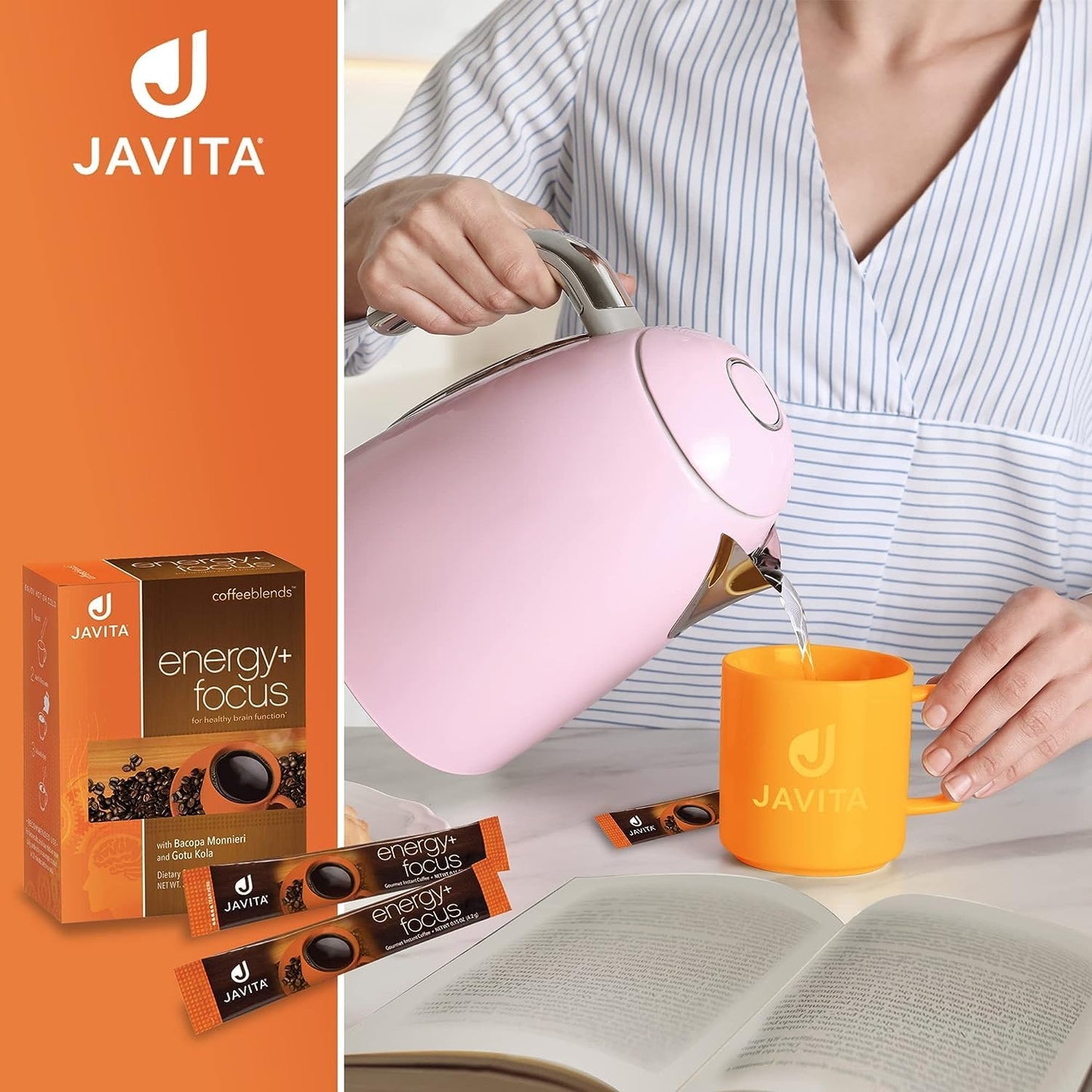 Javita Energy + Focus Instant Coffee Packets, 100% South American Arabica & Robusta Blend, plus Herbs for Clarity, Energy, & Focus, Keto, Dieters Drink, 4 boxes of 24 (4.2g) sticks