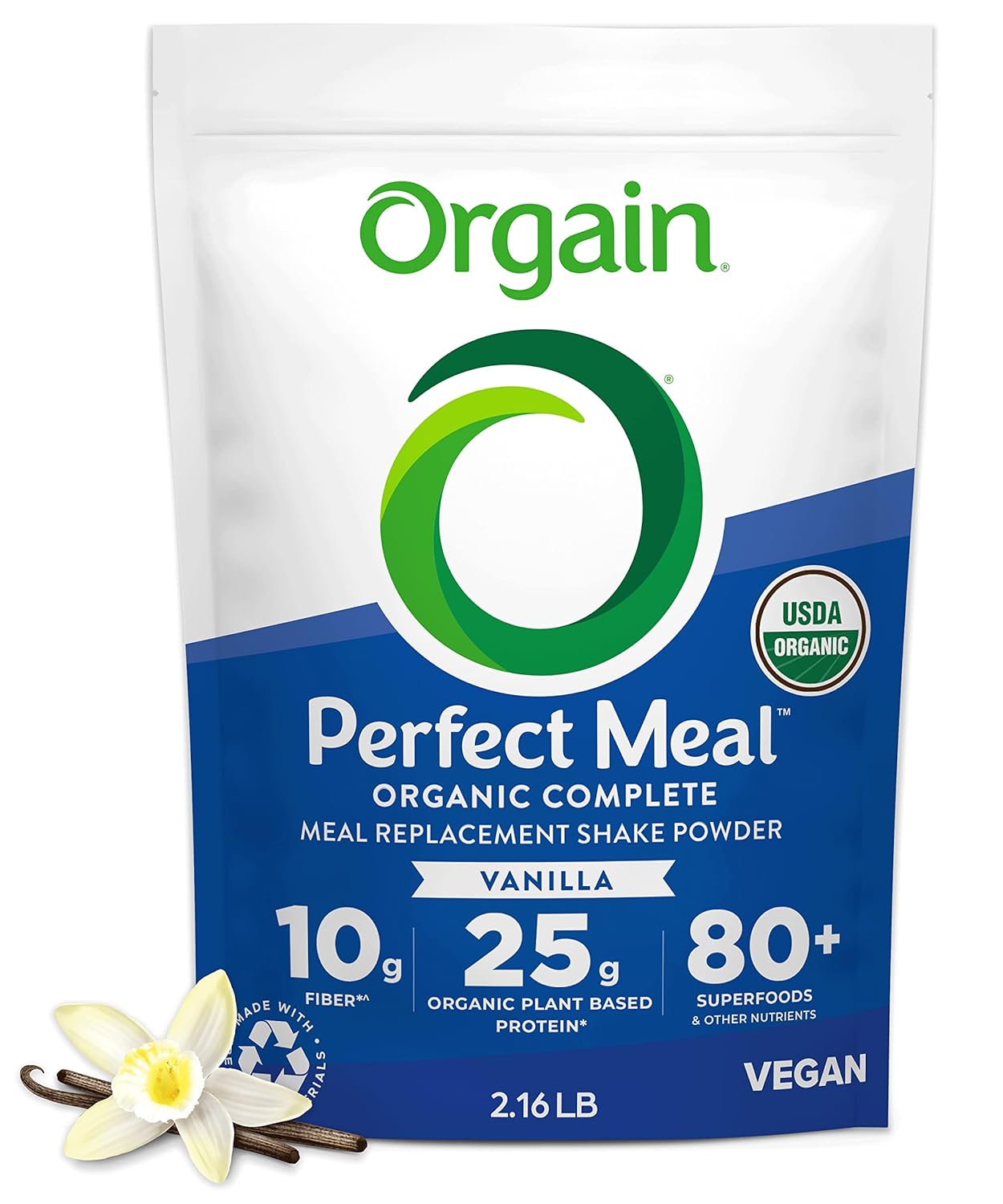 Orgain Perfect Meal, Organic, Vegan Meal Replacement Protein Powder, Vanilla - 25g Plant Based Protein, 80+ Superfoods, 1B Probiotics & 10g Fiber, Adaptogens & Ashwagandha - 2.16lb