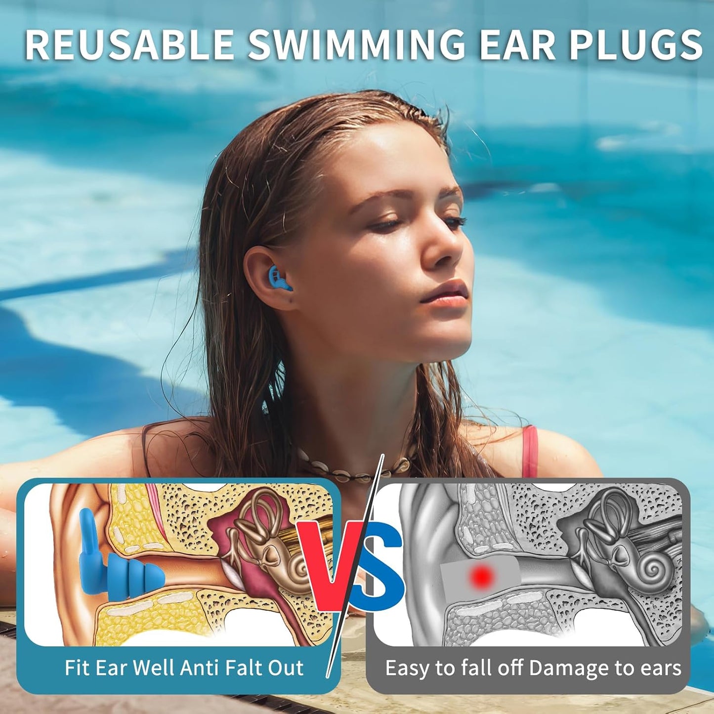 Swimming Ear Plugs for Adults, 4 Pairs Reusable Silicone Waterproof Colorful Swim Earplugs for Swimming Showering Snorkeling Surfing and Water Sports, Water Ear Plugs for Men and Women