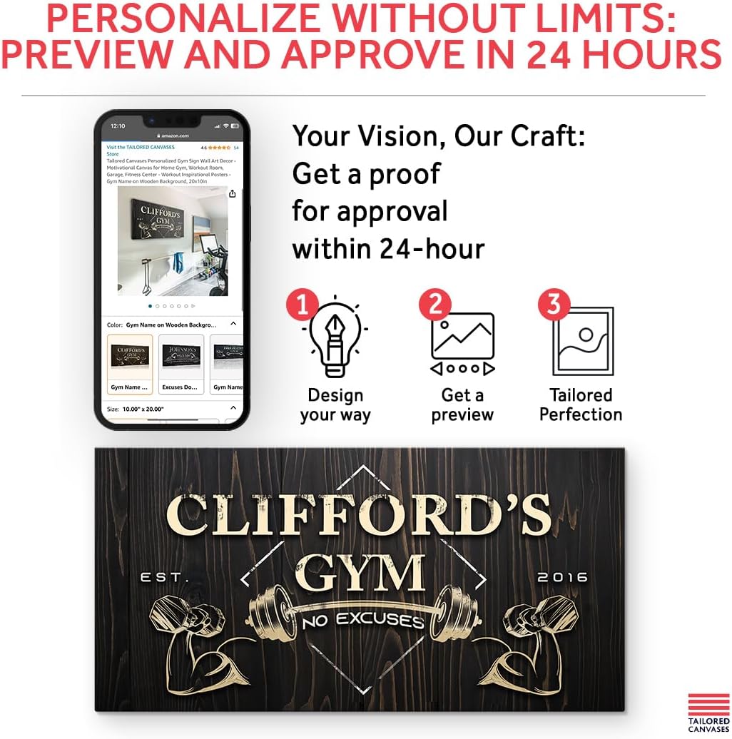 Tailored Canvases Personalized Gym Sign Wall Art Decor - Motivational Canvas for Home Gym, Workout Room, Garage, Fitness Center - Workout Inspirational Posters - Gym Name on Wooden Background, 60x30in
