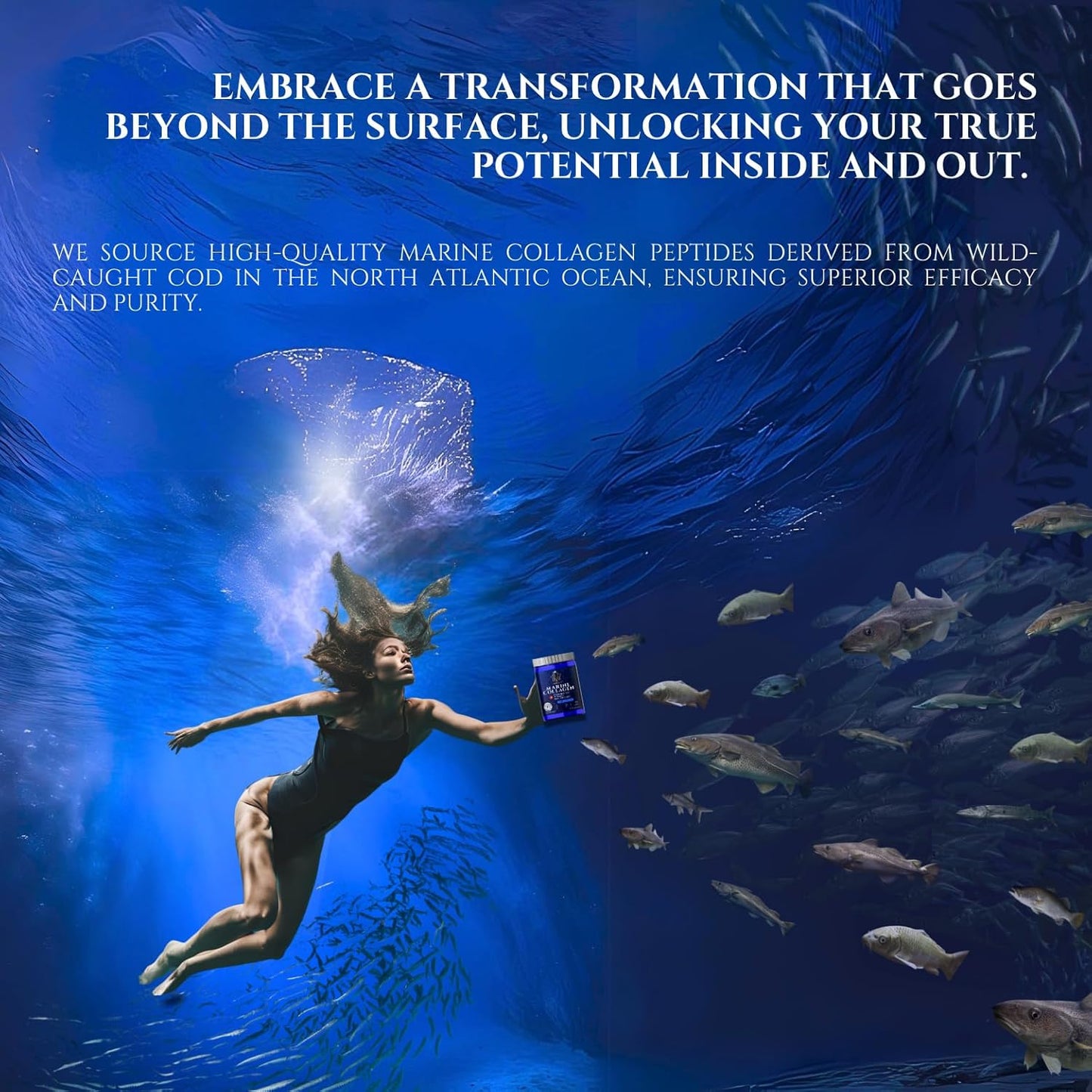 Marine Collagen Peptides Powder with Hyaluronic Acid, Coenzyme Q10, Vitamin C - Promote Firm Skin, Strong Nails&Hair, Healthy Joints - Hydrolyzed Collagen from Atlantic Cod - 10g per Serving