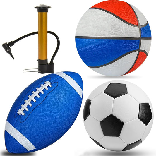 3-Piece Sports Balls Set, Includes Size 5 Basketball, Size 4 Soccer Ball, Size 6 Football & Pump, Sports Equipment Perfect Sports Gift for for Boys, Girls, Teens, and Adults