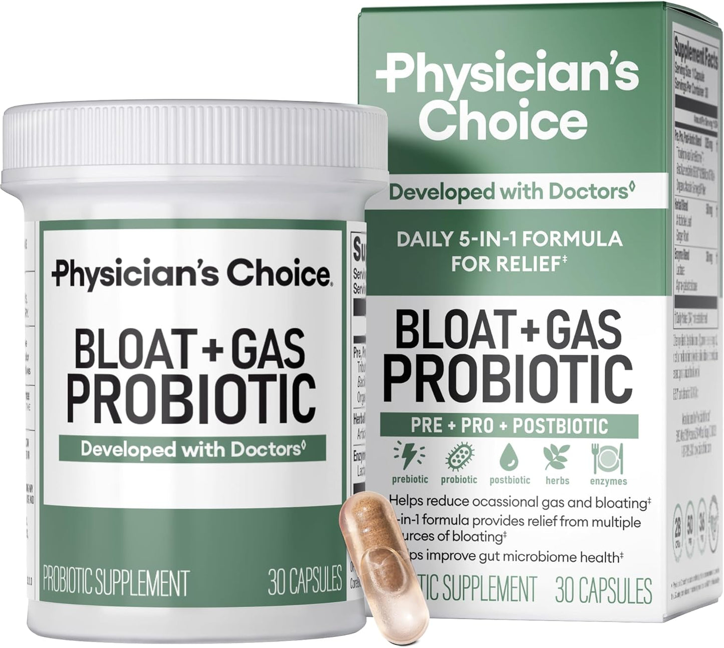 Physician's CHOICE Bloat & Gas Probiotic 5-in-1 Proactive Support + Daily Relief - Digestion & Gut Health- Herbals, Digestive Enzymes, Post & Prebiotics - Gas Relief for Adults - Women & Men - 30ct