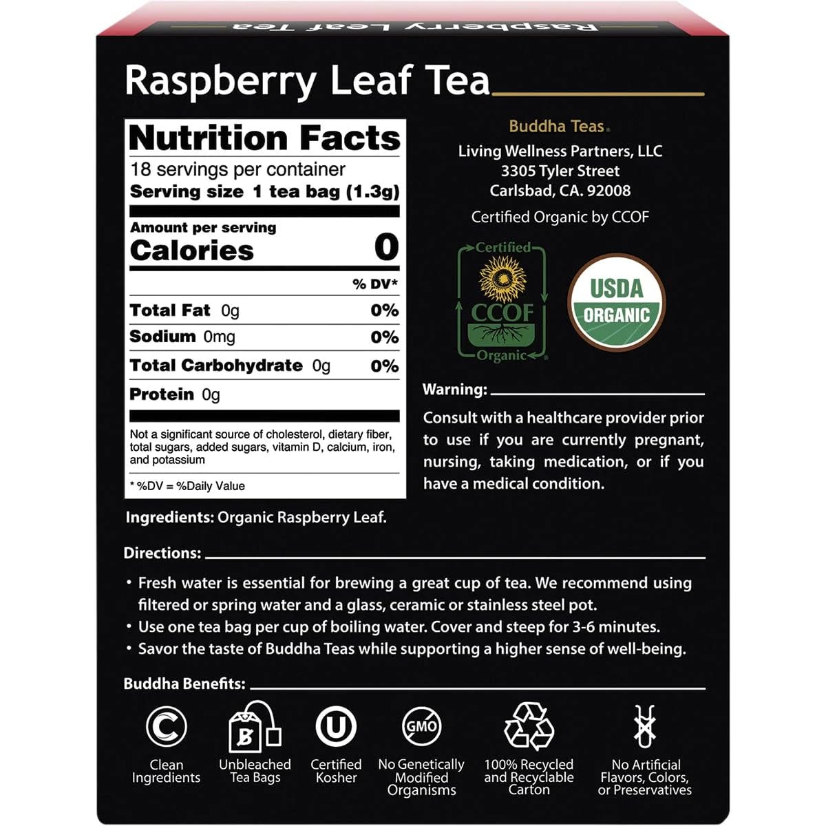 Buddha Teas - Organic Raspberry Leaf Tea - Herbal Tea - For Health & Wellbeing - With Vitamins, Antioxidants & Calcium - Clean Ingredients - Caffeine Free - OU Kosher - 18 Tea Bags (Pack of 1)
