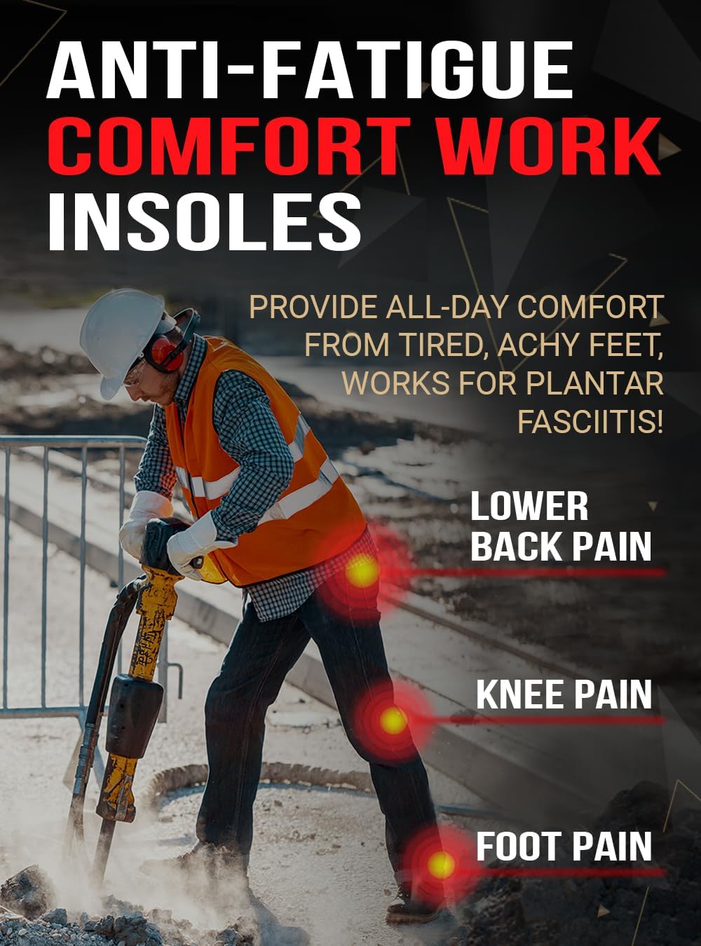 Work Pro Comfort Insoles - Shock Absorption - Low Arch - Cushioning Anti Fatigue Shoe Insert Men Women - Non-Slip - Soft Comfortable Work Boot Insoles - Foot Pain Relief (L, Black)