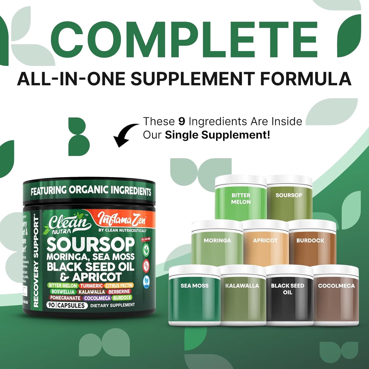 Clean Nutra Soursop Supplement Moringa Sea Moss Black Seed Oil Berberine Turmeric Resveratrol Quercetin Greens Bitters Boswellia Bitter Melon Burdock Root Antioxidant Support 90 Capsules