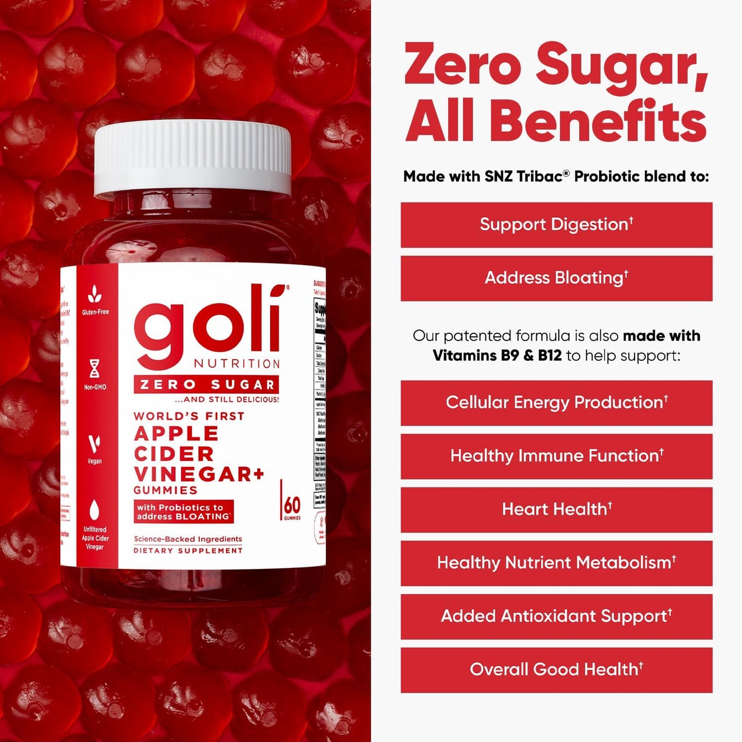 Goli Zero Sugar Apple Cider Vinegar Gummies - Vitamin B12, Probiotics to Address Bloating. No Artificial Sweeteners, No Sugar Alcohols. Vegan, Plant Based, Non-GMO, Gluten-Free & Gelatin Free. (1)