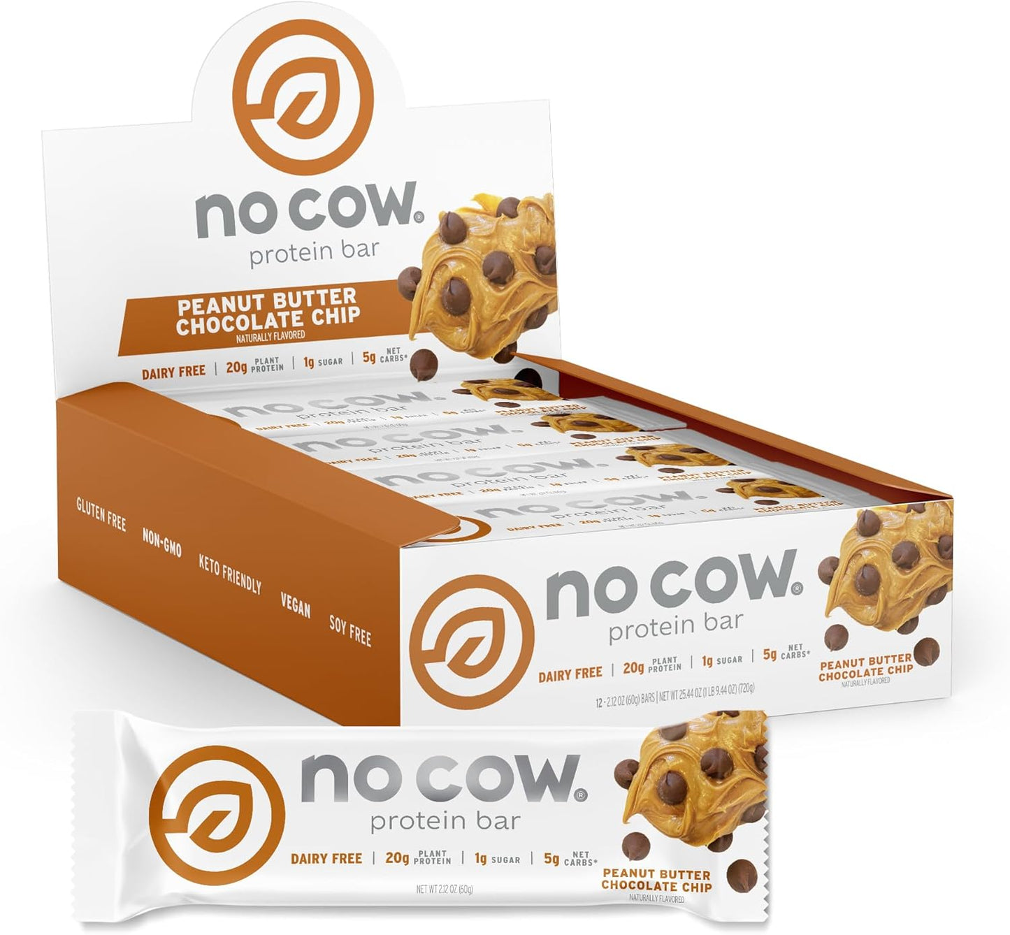No Cow High Protein Bars, Peanut Butter Chocolate Chip - Healthy Snacks, 20g Vegan Protein, High Fiber, Low Sugar, Dairy & Gluten Free (12 Count)