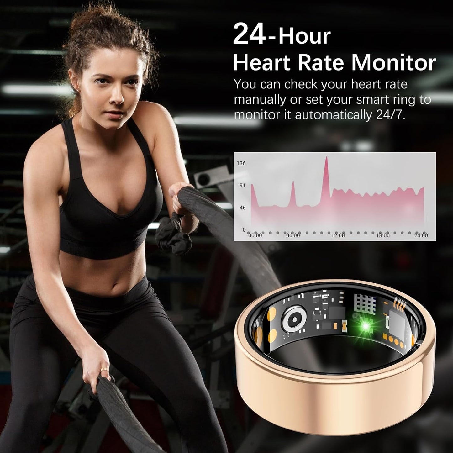 Ring Health Tracker for Women Men, Fit Ring with Heart Rate, Blood Oxygen, Sleep Monitor, Calories, Step Counter, IP68 Waterproof Smart Ring for iPhone & Android, No Subscription Fee (Rose Gold 13#)