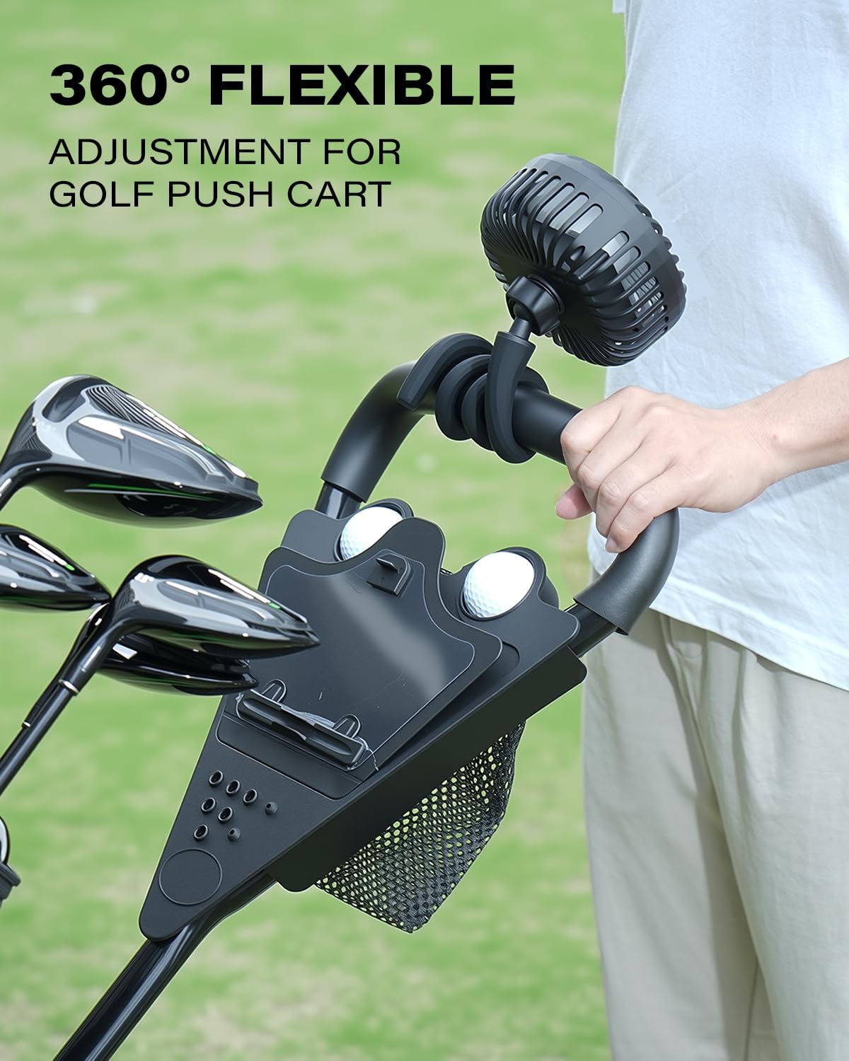 A2C Golf Cart Fan Rechargeable – 3-Speed, 360° Adjustable Gooseneck | 4000mAh Battery | Compatible with Golf Carts & Push/Pull Carts
