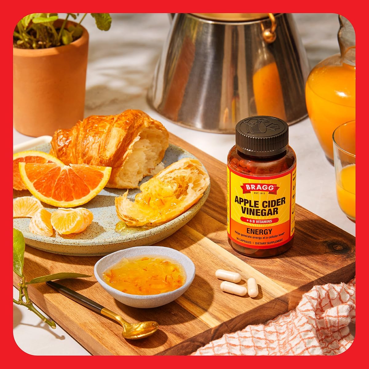 Bragg Energy Apple Cider Vinegar Capsules with B-12 Vitamins - 90 Capsules (2 Pack) – Weight Management - Non-GMO, Vegan, Gluten Free - Helps Generate Energy at Cellular Level for Men and Women