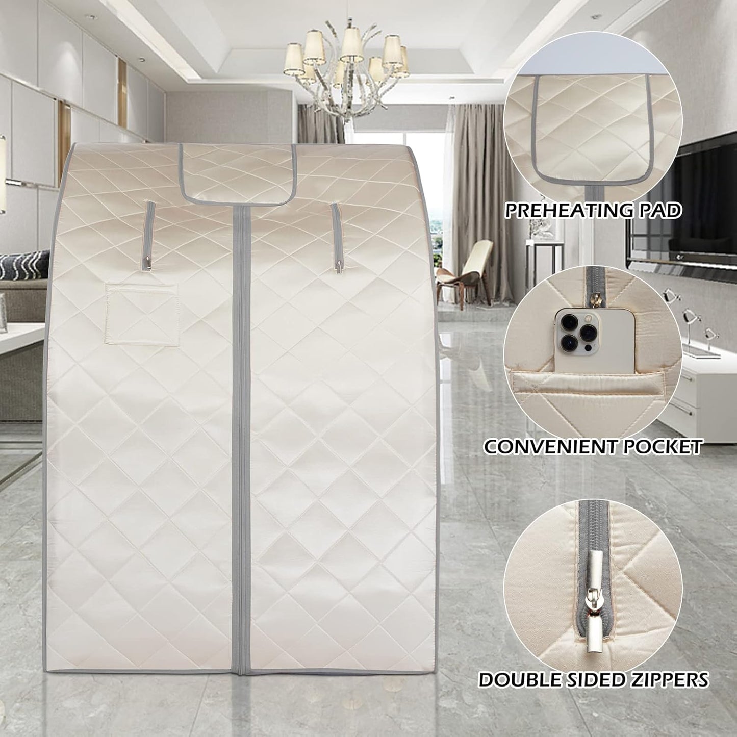 Smartmak Far Infrared Sauna, Full Body One Person Portable SPA Set with Time & Tempreture Remote Control, Heating Foot Pad and Foldable Reinforced Chair (L 27.6’’ x W 31.5’’ x H 37.8’’)- Beige